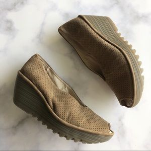 Fly London Yury Perforated Peep Toe Wedge Natural